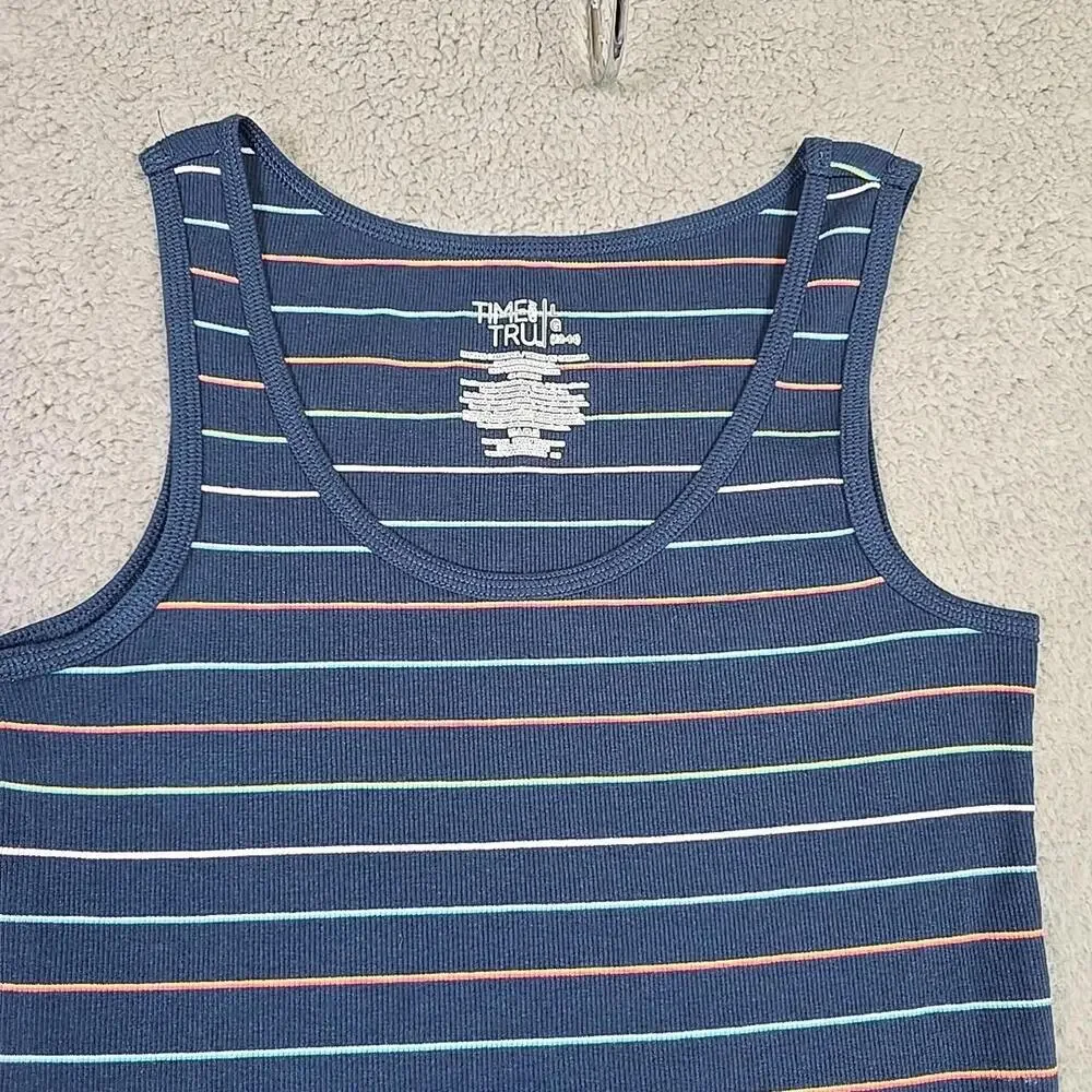 TIME AND TRUE Blue Navy Striped Fitted Cami Scoop Neck Tank Top Size L (12-14) - Picture 2 of 9